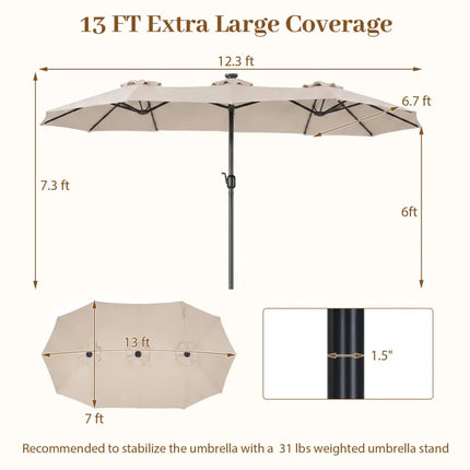 13 FT Double-Sided Patio Umbrella Large Rectangle Market Umbrella with 36 LED Lights-Beige - Beige - Outdoor Umbrellas