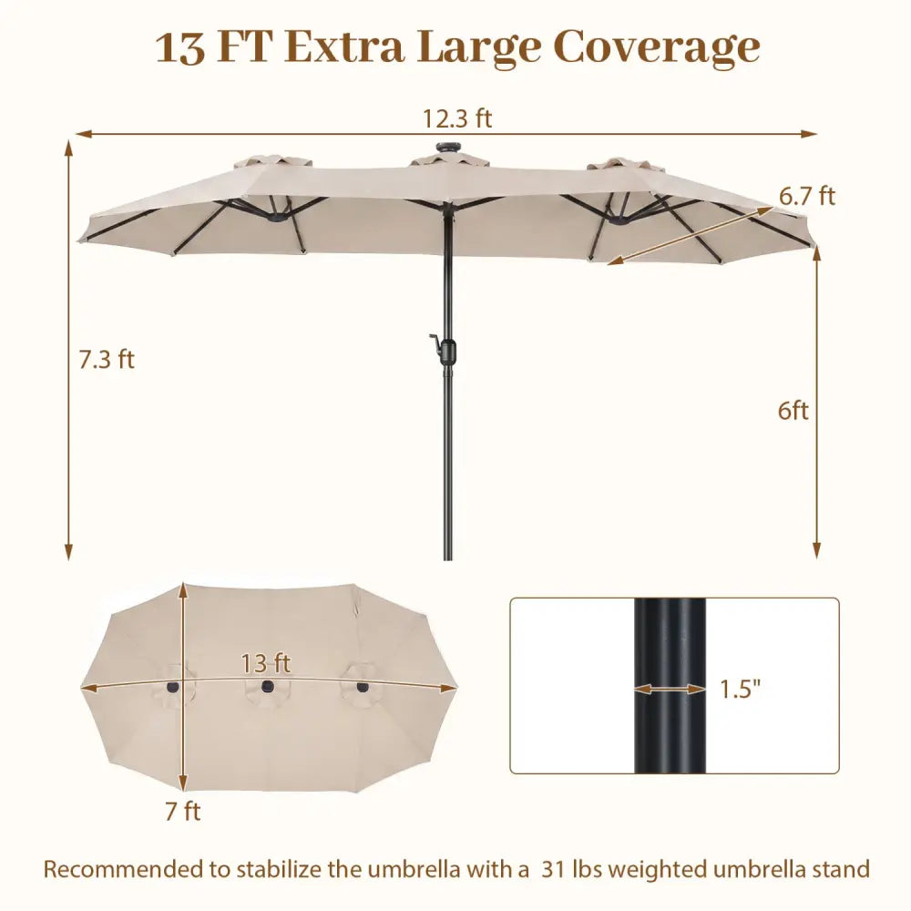 13 FT Double-Sided Patio Umbrella Large Rectangle Market Umbrella with 36 LED Lights-Beige - Beige - Outdoor Umbrellas