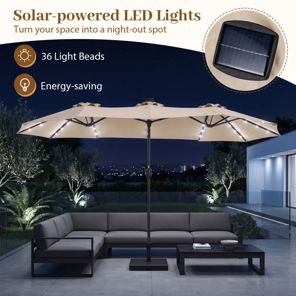 13 FT Double-Sided Patio Umbrella Large Rectangle Market Umbrella with 36 LED Lights-Beige - Beige - Outdoor Umbrellas