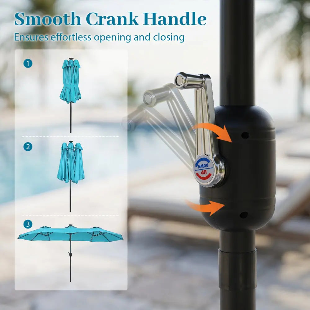 13 FT Double-Sided Patio Umbrella Large Rectangle Market Umbrella with 36 LED Lights-Turquoise - Turquoise - Outdoor
