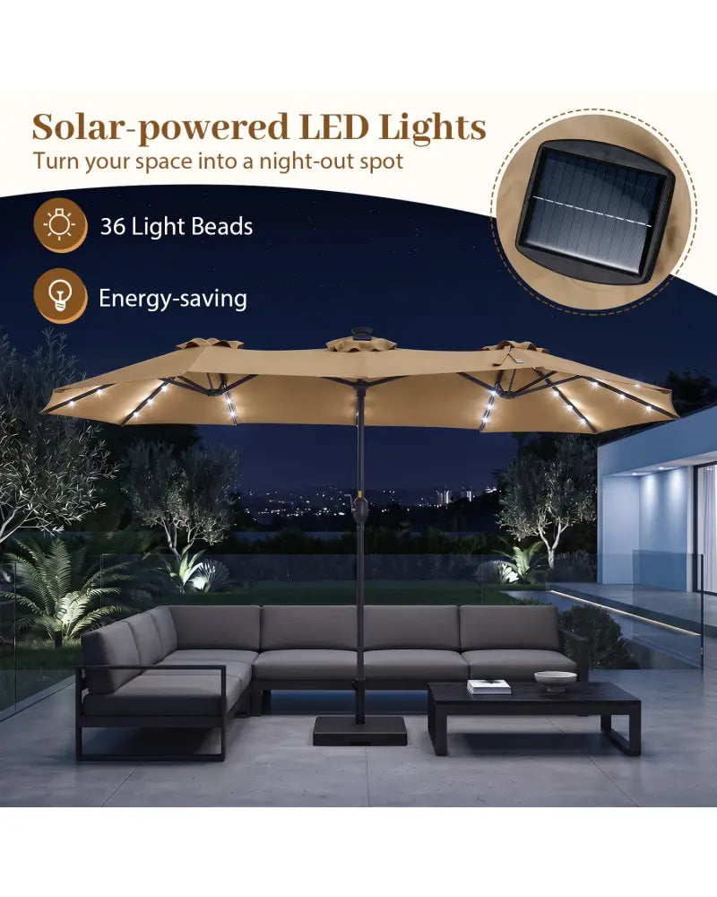 13 FT Double-Sided Patio Umbrella Large Rectangle Market Umbrella with 36 LED Lights-Tan - Tan - Outdoor Umbrellas