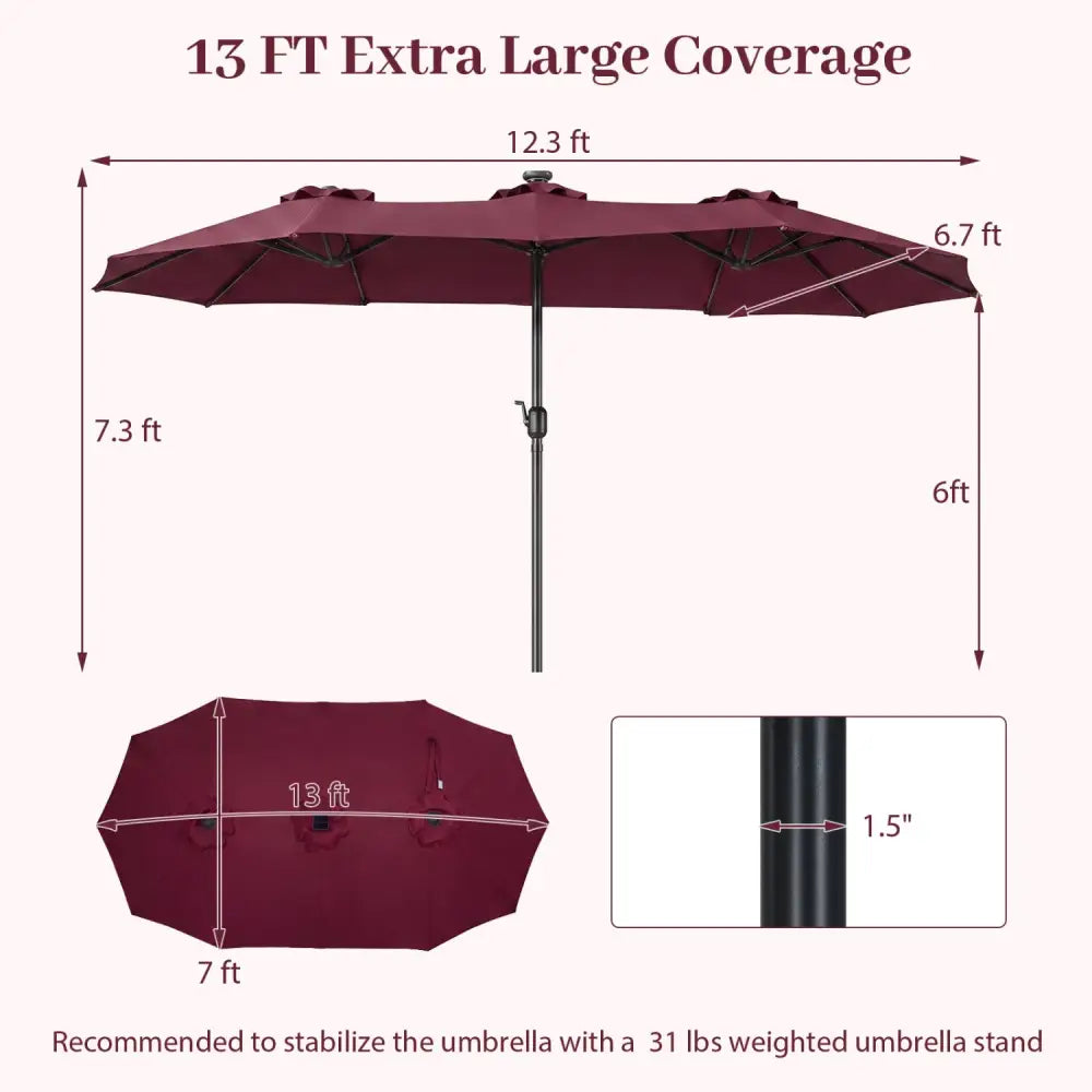13 FT Double-Sided Patio Umbrella Large Rectangle Market Umbrella with 36 LED Lights-Wine - Wine - Outdoor Umbrellas