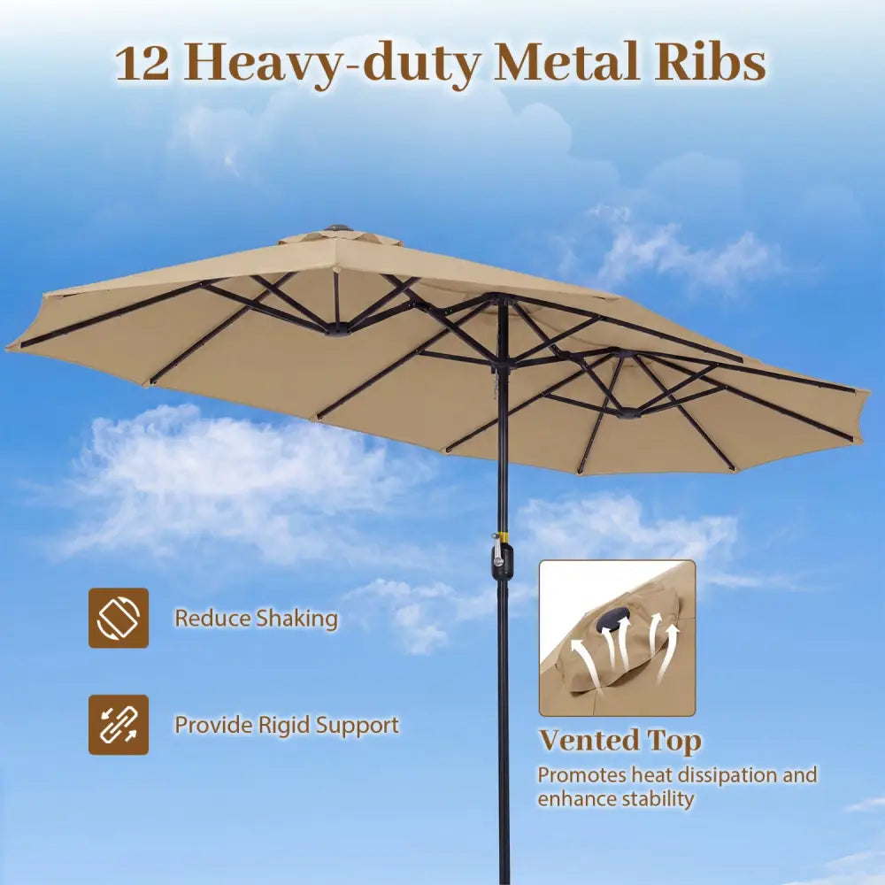 13 FT Double-Sided Patio Umbrella Large Rectangle Market Umbrella with 36 LED Lights-Tan - Tan - Outdoor Umbrellas