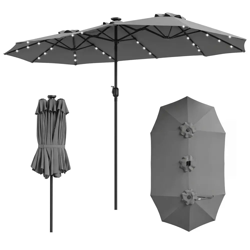 13 FT Double-Sided Patio Umbrella Large Rectangle Market Umbrella with 36 LED Lights-Gray - Gray - Outdoor Umbrellas