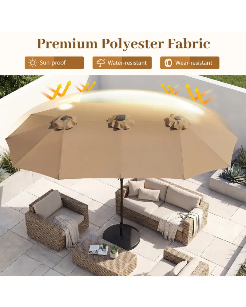 13 FT Double-Sided Patio Umbrella Large Rectangle Market Umbrella with 36 LED Lights-Tan - Tan - Outdoor Umbrellas