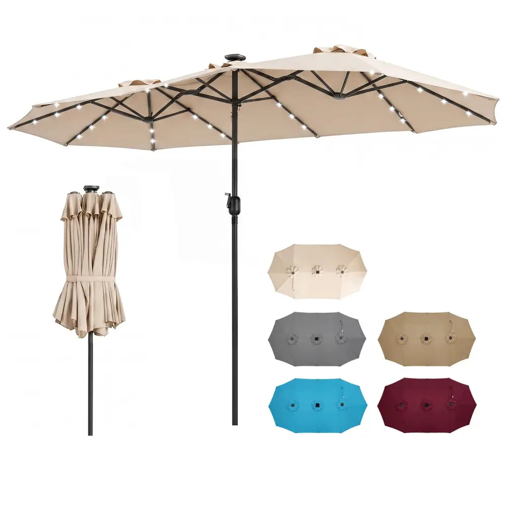 13 FT Double-Sided Patio Umbrella Large Rectangle Market Umbrella with 36 LED Lights-Beige - Beige - Outdoor Umbrellas