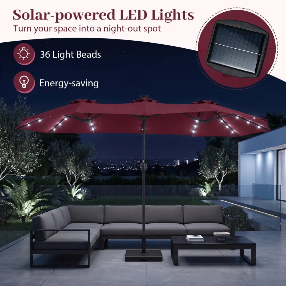 13 FT Double-Sided Patio Umbrella Large Rectangle Market Umbrella with 36 LED Lights-Wine - Wine - Outdoor Umbrellas
