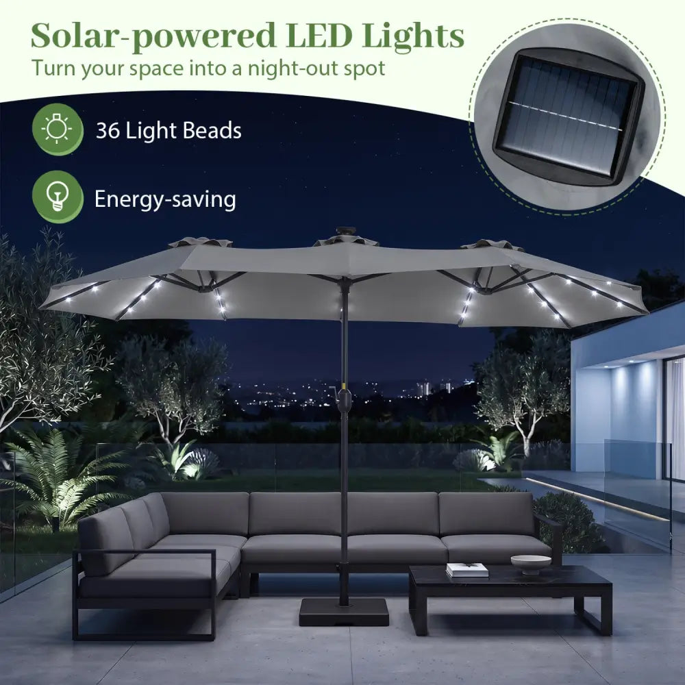 13 FT Double-Sided Patio Umbrella Large Rectangle Market Umbrella with 36 LED Lights-Gray - Gray - Outdoor Umbrellas