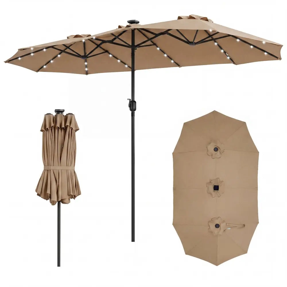 13 FT Double-Sided Patio Umbrella Large Rectangle Market Umbrella with 36 LED Lights-Tan - Tan - Outdoor Umbrellas