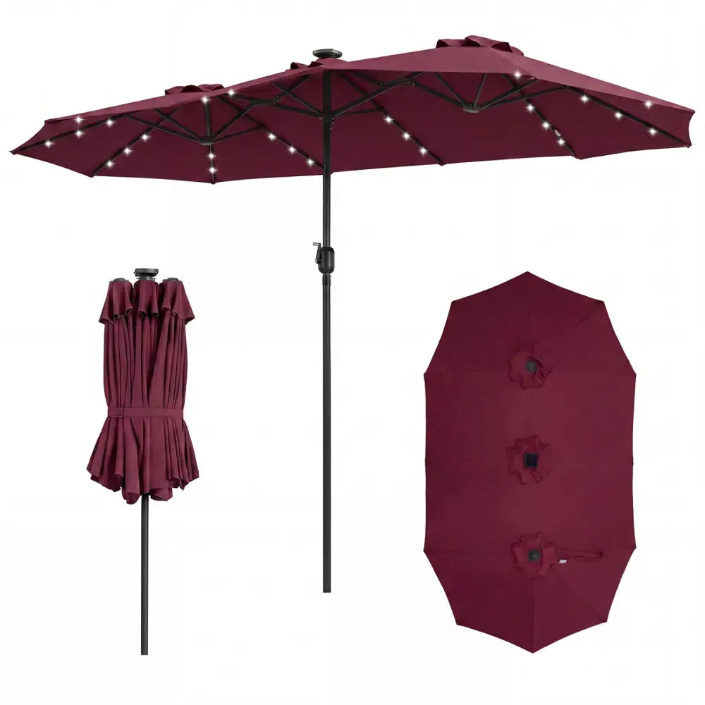 13 FT Double-Sided Patio Umbrella Large Rectangle Market Umbrella with 36 LED Lights-Wine - Wine - Outdoor Umbrellas