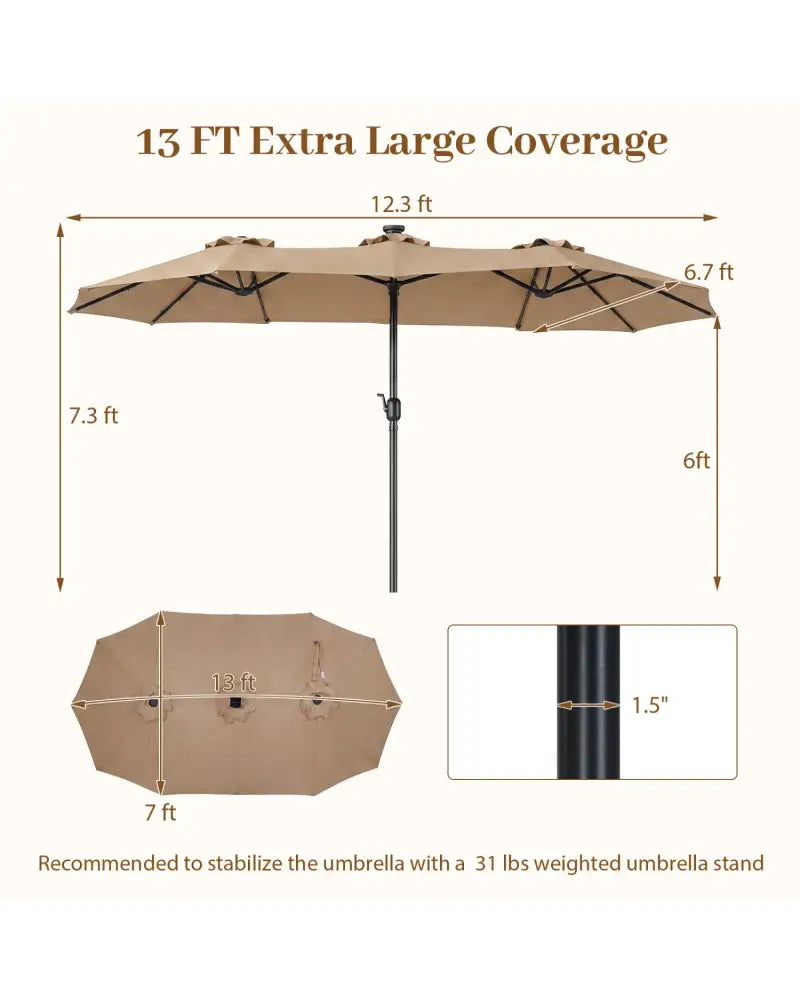 13 FT Double-Sided Patio Umbrella Large Rectangle Market Umbrella with 36 LED Lights-Tan - Tan - Outdoor Umbrellas