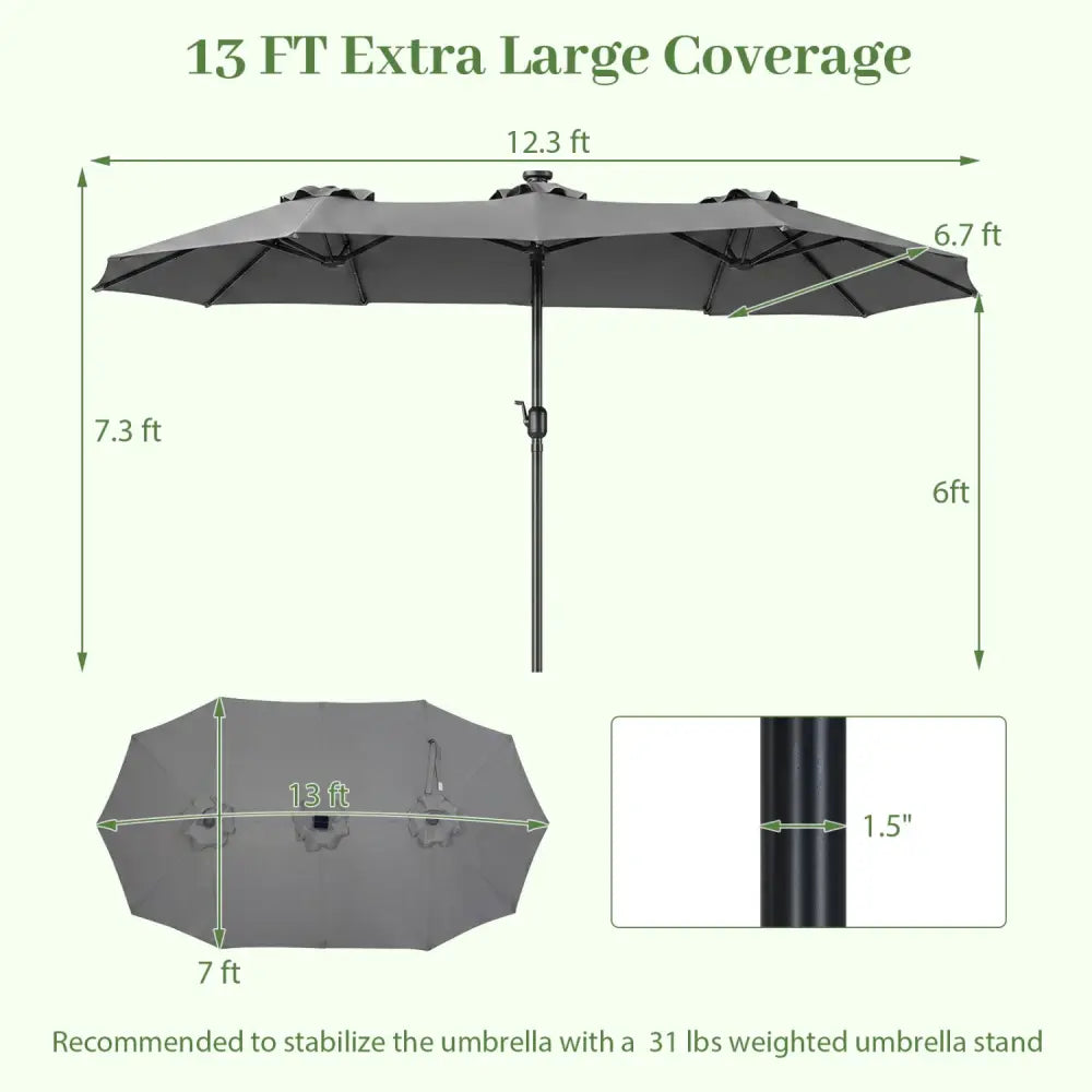 13 FT Double-Sided Patio Umbrella Large Rectangle Market Umbrella with 36 LED Lights-Gray - Gray - Outdoor Umbrellas