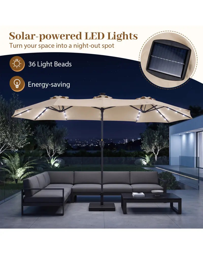 13 FT Double-Sided Patio Umbrella Large Rectangle Market Umbrella with 36 LED Lights-Beige - Beige - Outdoor Umbrellas