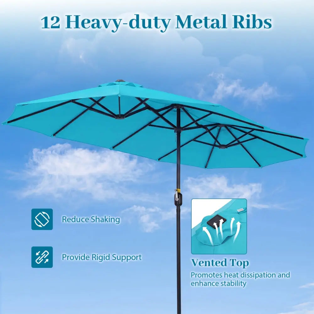 13 FT Double-Sided Patio Umbrella Large Rectangle Market Umbrella with 36 LED Lights-Turquoise - Turquoise - Outdoor