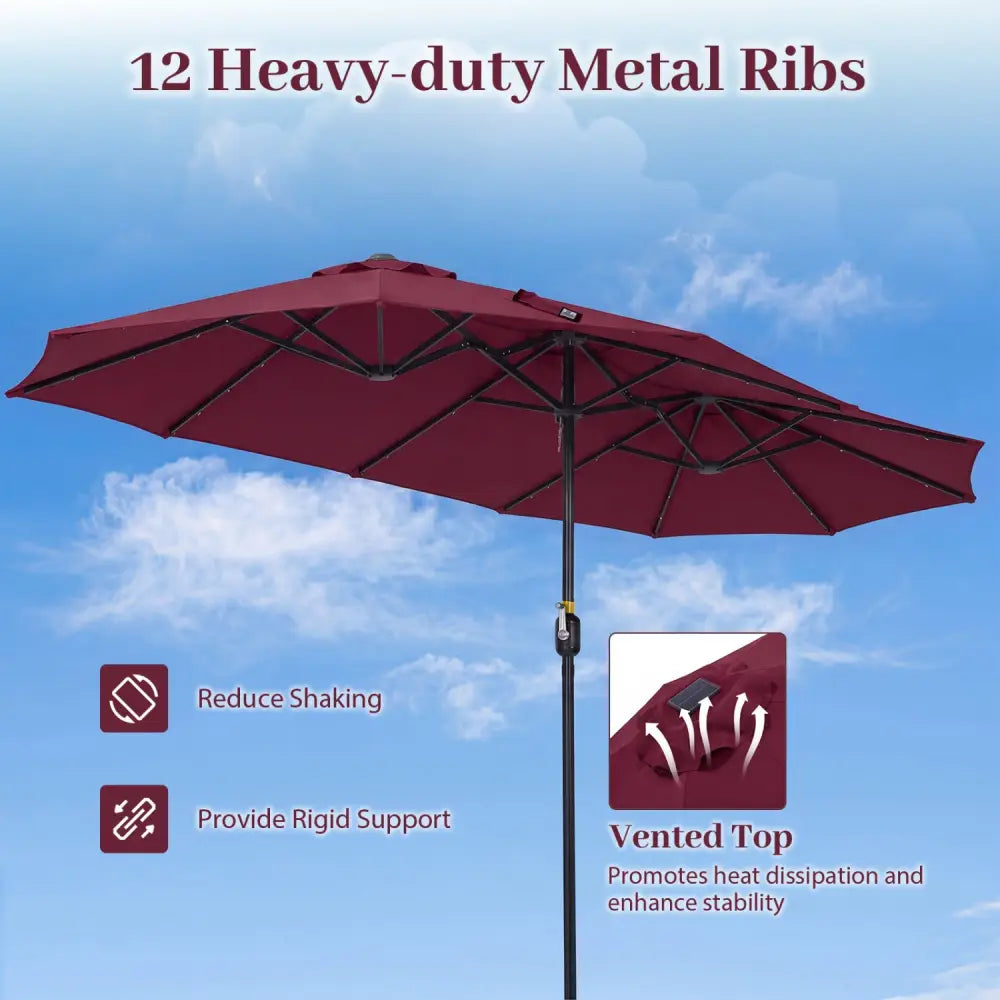 13 FT Double-Sided Patio Umbrella Large Rectangle Market Umbrella with 36 LED Lights-Wine - Wine - Outdoor Umbrellas