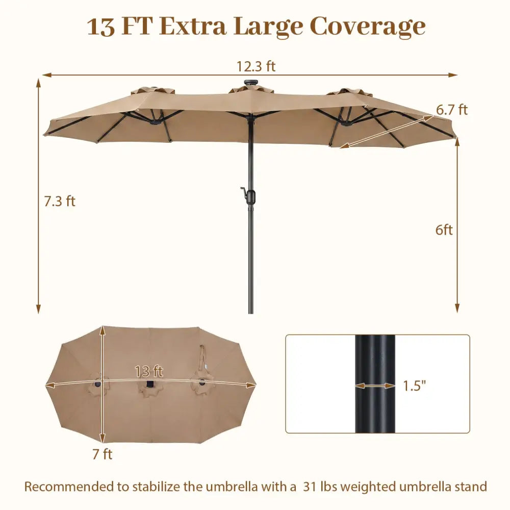 13 FT Double-Sided Patio Umbrella Large Rectangle Market Umbrella with 36 LED Lights-Tan - Tan - Outdoor Umbrellas