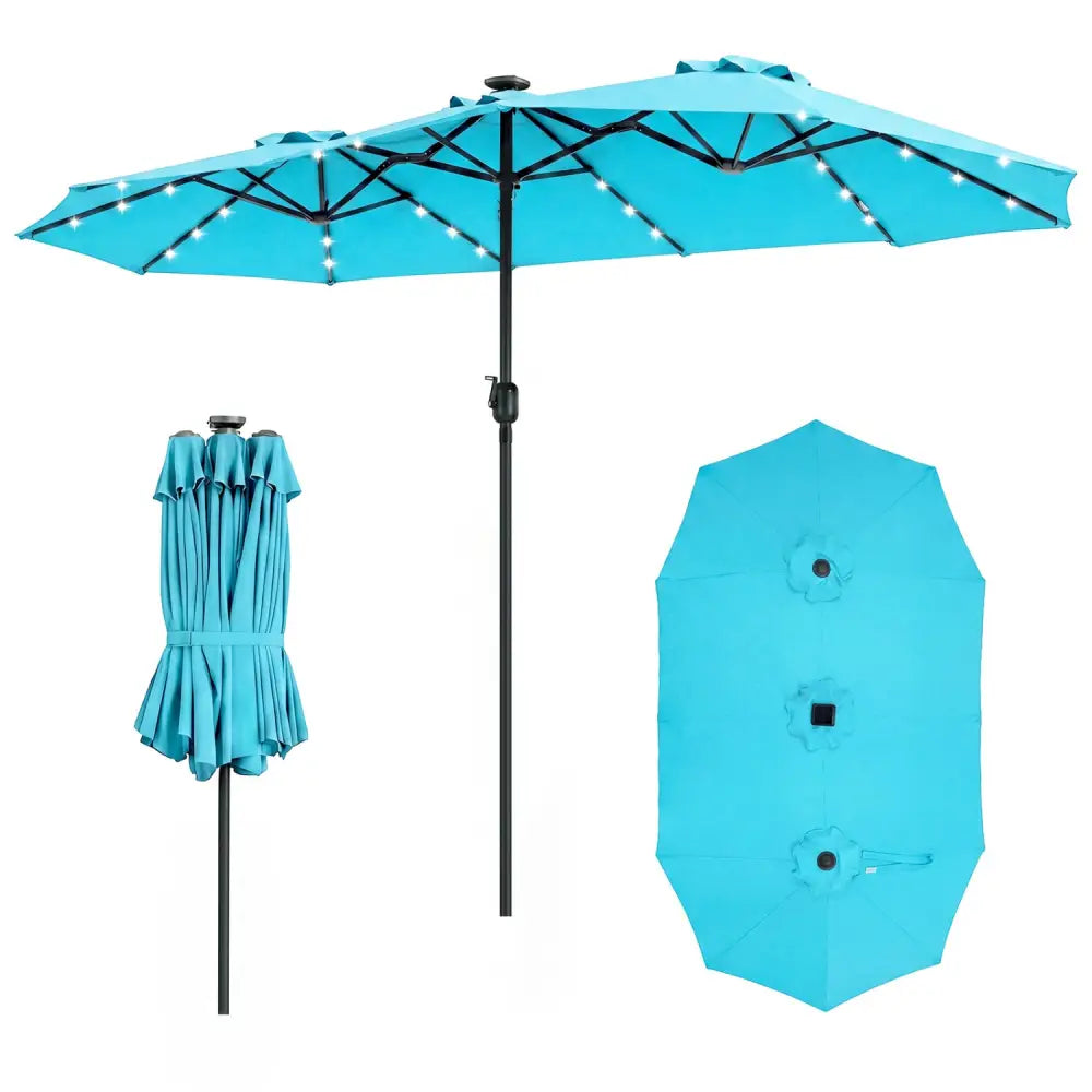 13 FT Double-Sided Patio Umbrella Large Rectangle Market Umbrella with 36 LED Lights-Turquoise - Turquoise - Outdoor