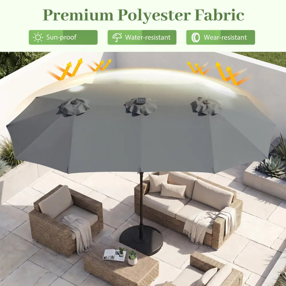 13 FT Double-Sided Patio Umbrella Large Rectangle Market Umbrella with 36 LED Lights-Gray - Gray - Outdoor Umbrellas