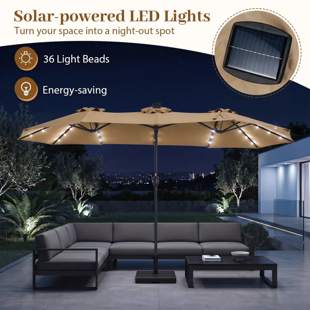 13 FT Double-Sided Patio Umbrella Large Rectangle Market Umbrella with 36 LED Lights-Tan - Tan - Outdoor Umbrellas