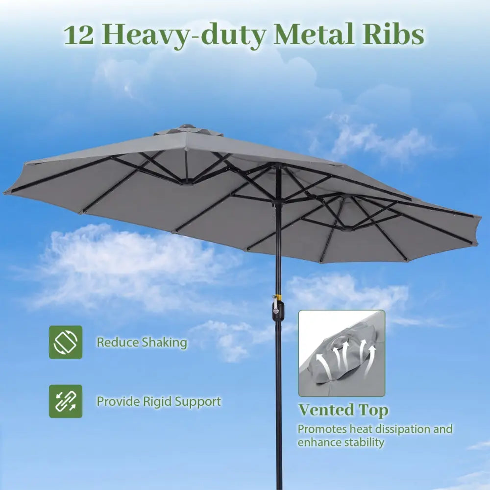 13 FT Double-Sided Patio Umbrella Large Rectangle Market Umbrella with 36 LED Lights-Gray - Gray - Outdoor Umbrellas