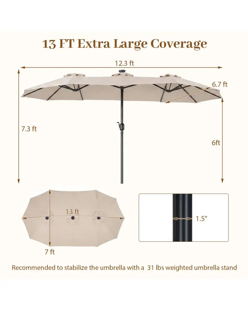 13 FT Double-Sided Patio Umbrella Large Rectangle Market Umbrella with 36 LED Lights-Beige - Beige - Outdoor Umbrellas