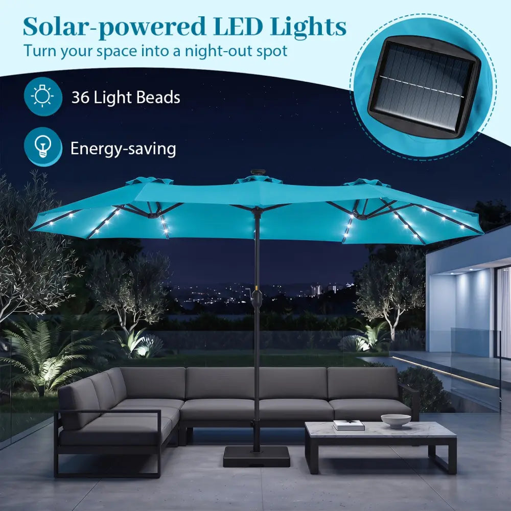 13 FT Double-Sided Patio Umbrella Large Rectangle Market Umbrella with 36 LED Lights-Turquoise - Turquoise - Outdoor