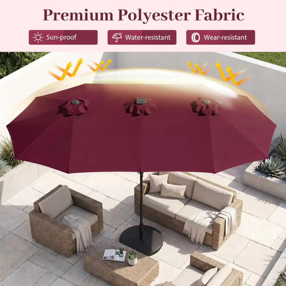 13 FT Double-Sided Patio Umbrella Large Rectangle Market Umbrella with 36 LED Lights-Wine - Wine - Outdoor Umbrellas