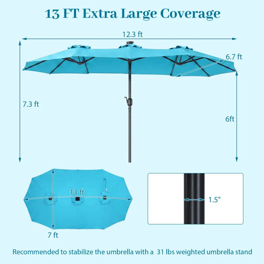 13 FT Double-Sided Patio Umbrella Large Rectangle Market Umbrella with 36 LED Lights-Turquoise - Turquoise - Outdoor