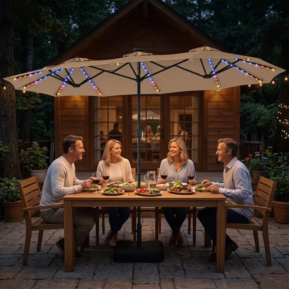 13 FT Double-Sided Patio Umbrella with 108 LED Lights and Base Included-Tan - Tan - Outdoor Umbrellas