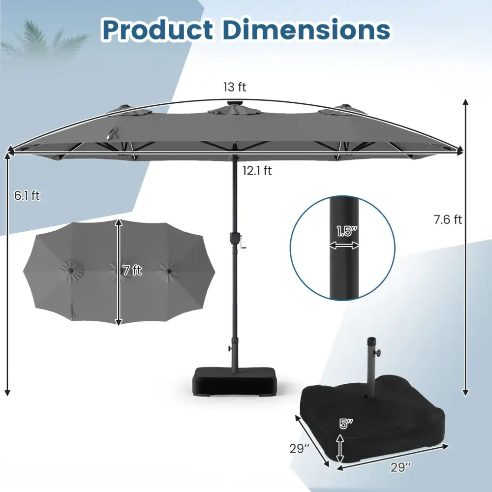 13 FT Double-Sided Patio Umbrella with 108 LED Lights and Base Included-Gray - Gray - Outdoor Umbrellas