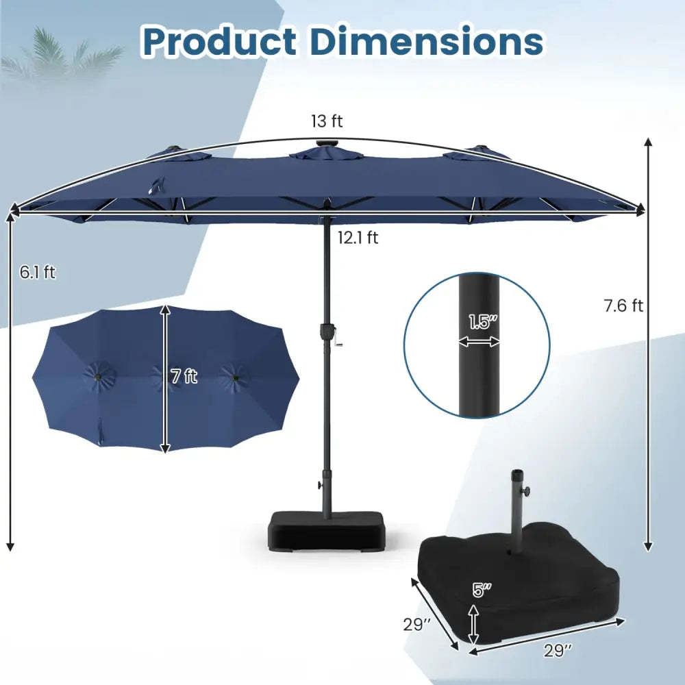 13 FT Double-Sided Patio Umbrella with 108 LED Lights and Base Included-Navy - Navy - Outdoor Umbrellas