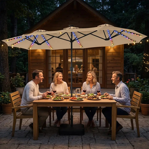 13 FT Double-Sided Patio Umbrella with 108 LED Lights and Base Included-Beige - Beige - Outdoor Umbrellas