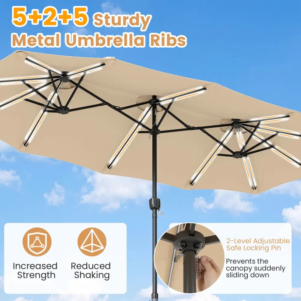 13 FT Double-Sided Patio Umbrella with 108 LED Lights and Base Included-Beige - Beige - Outdoor Umbrellas