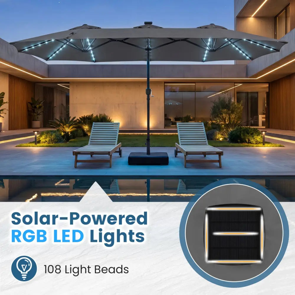 13 FT Double-Sided Patio Umbrella with 108 LED Lights and Base Included-Gray - Gray - Outdoor Umbrellas