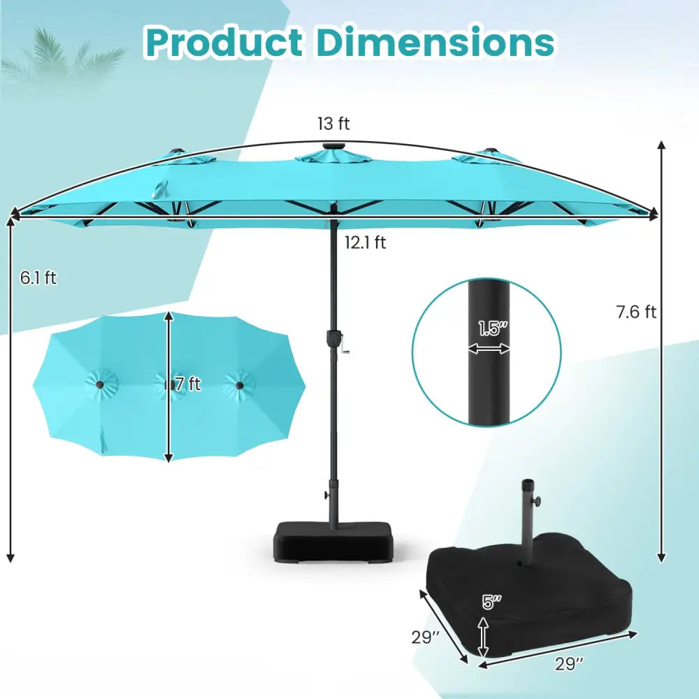 13 FT Double-Sided Patio Umbrella with 108 LED Lights and Base Included-Turquoise - Turquoise - Outdoor Umbrellas