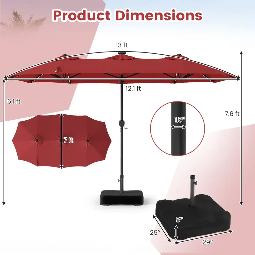 13 FT Double-Sided Patio Umbrella with 108 LED Lights and Base Included-Wine - Wine - Outdoor Umbrellas