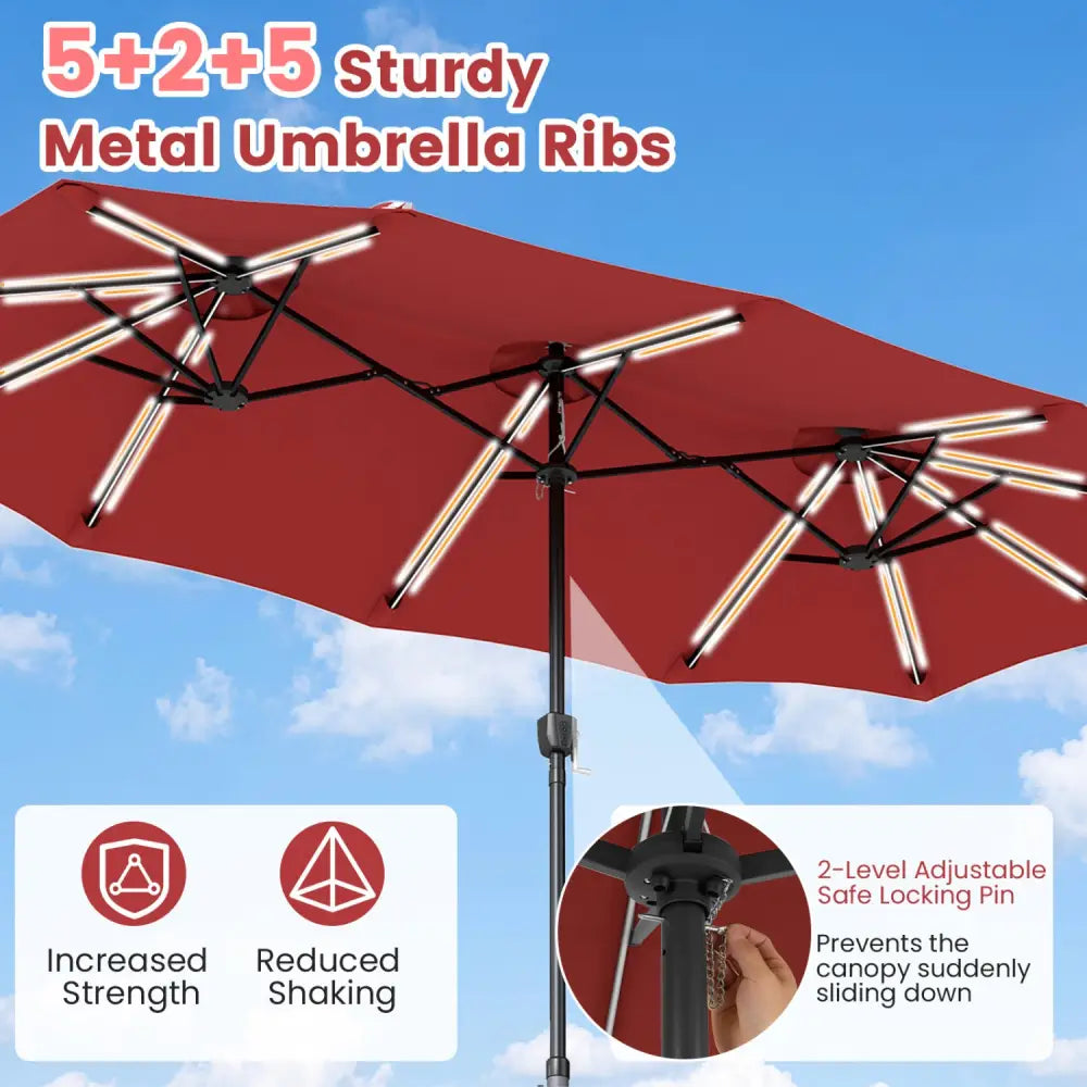 13 FT Double-Sided Patio Umbrella with 108 LED Lights and Base Included-Wine - Wine - Outdoor Umbrellas