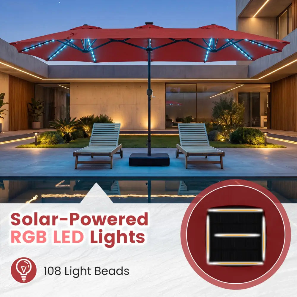 13 FT Double-Sided Patio Umbrella with 108 LED Lights and Base Included-Wine - Wine - Outdoor Umbrellas