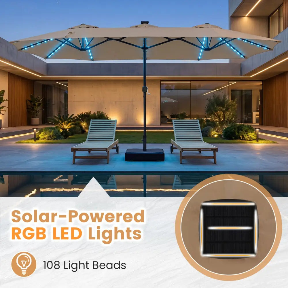 13 FT Double-Sided Patio Umbrella with 108 LED Lights and Base Included-Tan - Tan - Outdoor Umbrellas