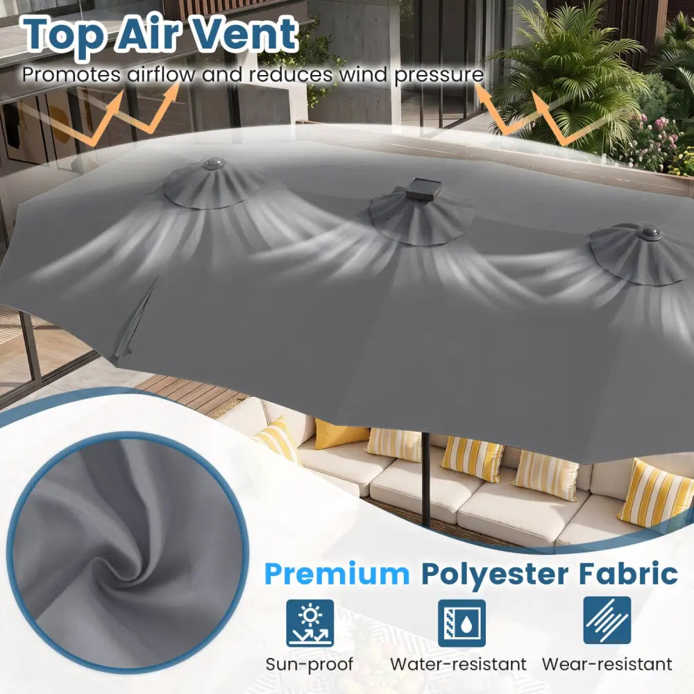 13 FT Double-Sided Patio Umbrella with 108 LED Lights and Base Included-Gray - Gray - Outdoor Umbrellas
