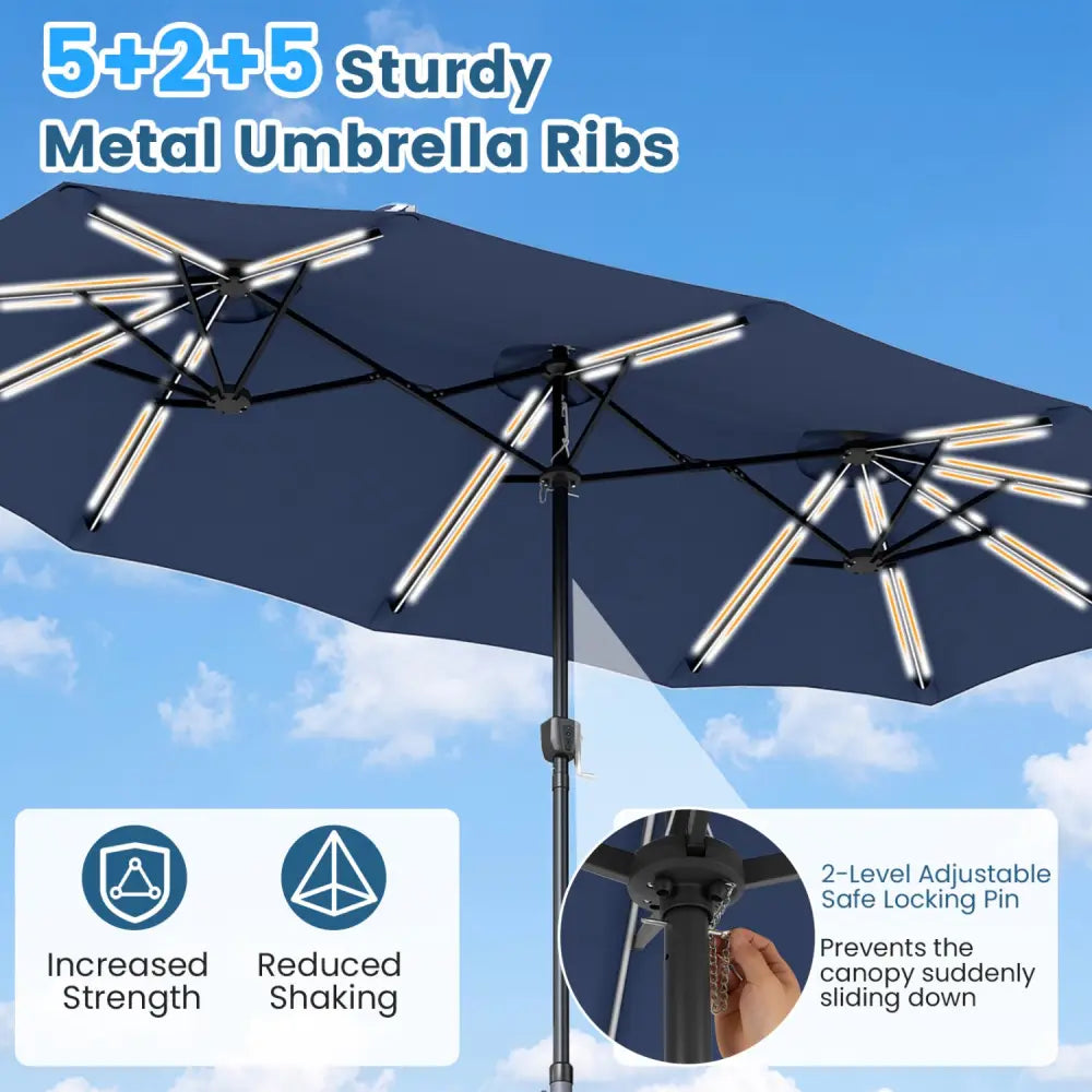 13 FT Double-Sided Patio Umbrella with 108 LED Lights and Base Included-Navy - Navy - Outdoor Umbrellas