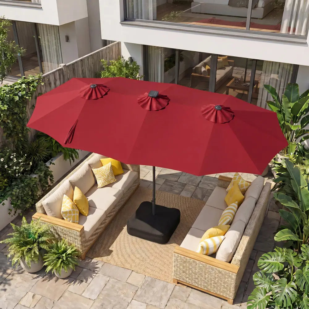 13 FT Double-Sided Patio Umbrella with 108 LED Lights and Base Included-Wine - Wine - Outdoor Umbrellas