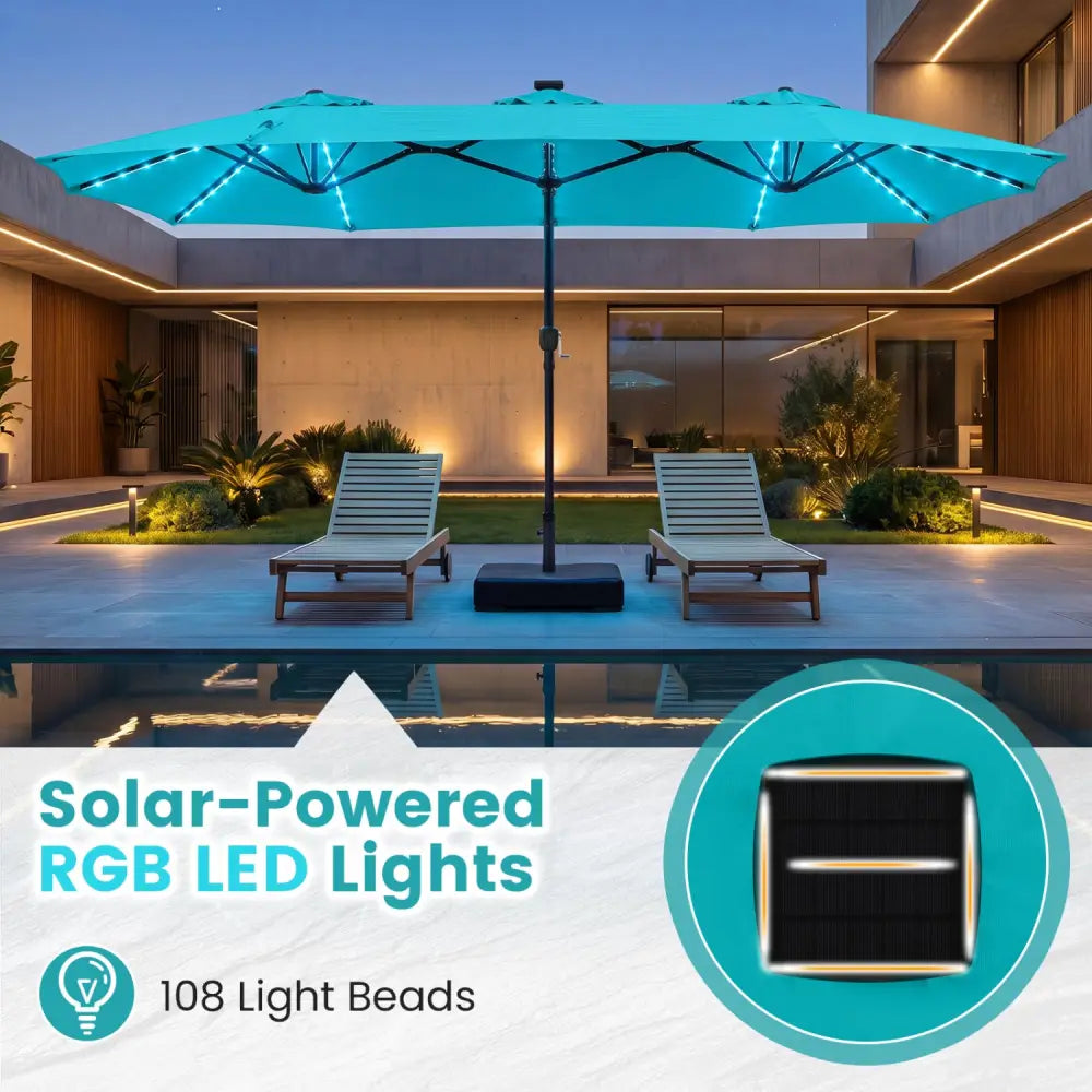13 FT Double-Sided Patio Umbrella with 108 LED Lights and Base Included-Turquoise - Turquoise - Outdoor Umbrellas