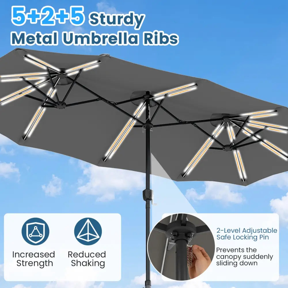 13 FT Double-Sided Patio Umbrella with 108 LED Lights and Base Included-Gray - Gray - Outdoor Umbrellas