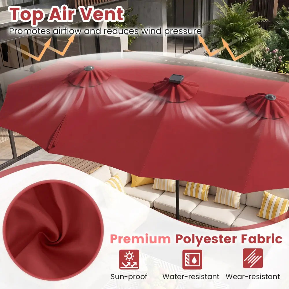 13 FT Double-Sided Patio Umbrella with 108 LED Lights and Base Included-Wine - Wine - Outdoor Umbrellas