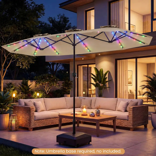 13 FT Double-Sided Patio Umbrella with Color-Changing Flowing Solar LED Lights-Beige - Beige - Outdoor Umbrellas