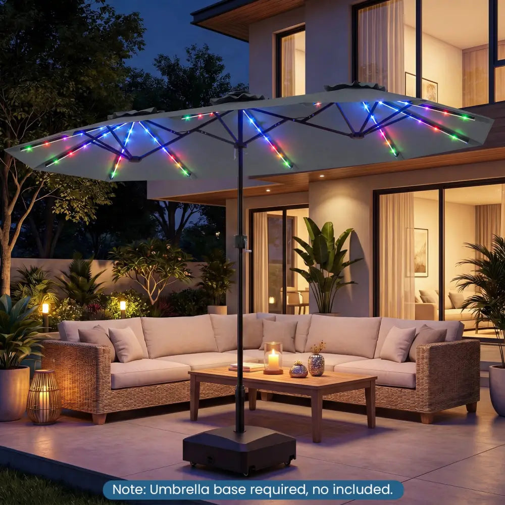 13 FT Double-Sided Patio Umbrella with Color-Changing Flowing Solar LED Lights-Gray - Gray - Outdoor Umbrellas