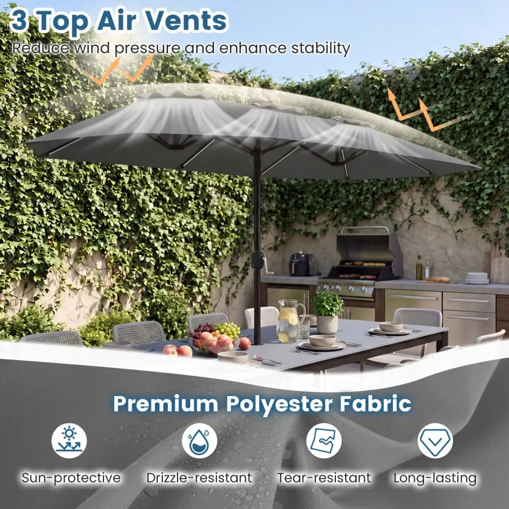 13 FT Double-Sided Patio Umbrella with Color-Changing Flowing Solar LED Lights-Gray - Gray - Outdoor Umbrellas