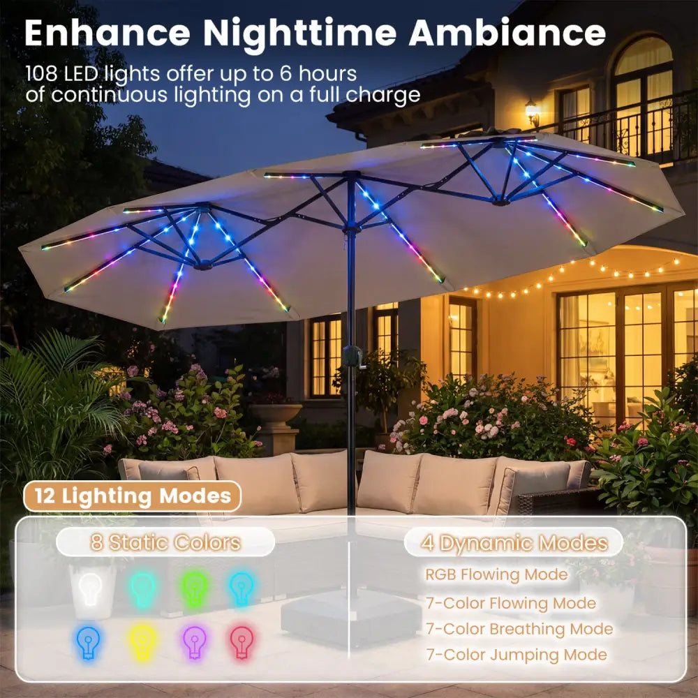13 FT Double-Sided Patio Umbrella with Color-Changing Flowing Solar LED Lights-Brown - Brown - Outdoor Umbrellas