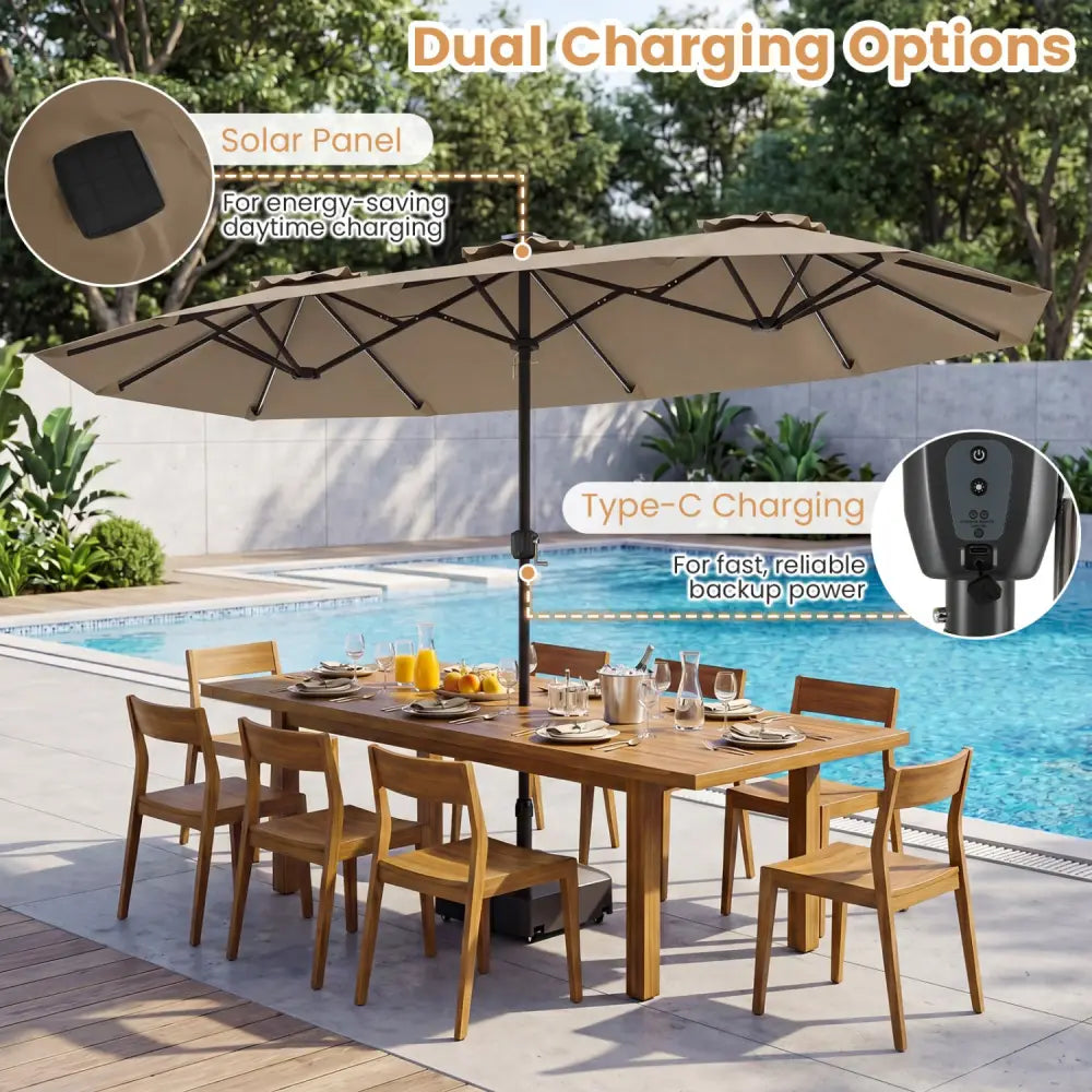 13 FT Double-Sided Patio Umbrella with Color-Changing Flowing Solar LED Lights-Brown - Brown - Outdoor Umbrellas